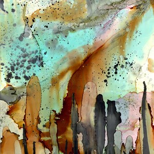 May include: Abstract painting with a teal, brown, and black color scheme. The painting features a series of vertical lines that resemble trees or columns. The background is a mix of teal, brown, and white.