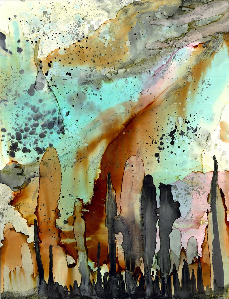 May include: Abstract painting with a teal, brown, and black color scheme. The painting features a series of vertical lines that resemble trees or columns. The background is a mix of teal, brown, and white.