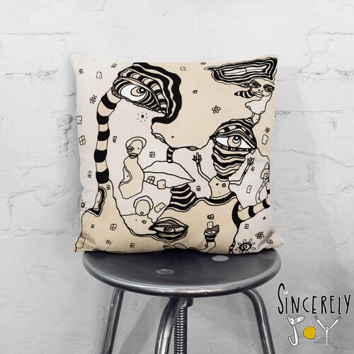Housse de coussin d'artiste unique Coussins d'art psychédélique Coussins décoratifs uniques en noir et beige de l'art Coussins d'artistes étrangers Coussins d'art folklorique