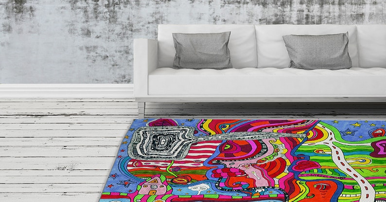 Area Rug Psychedelic Trippy Carpets Colorful Fun Eclectic Outsider Art Abstract Throw Rug Unique Maximalist Funky Fun Weird Floor Dorm Decor image 5