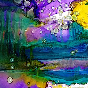 May include: Abstract painting with a purple, blue, green, and yellow color scheme. The painting features a variety of shapes and textures, including circles, lines, and swirls. The painting is reminiscent of a landscape with a horizon line and a sky.