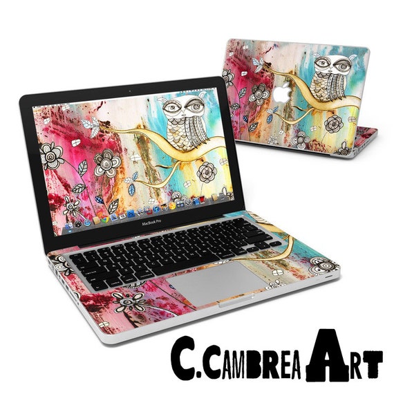 OWL - MacBook decal skin cover * 2 piece kit * for 11", 13", 15", 17" -INCLUDES matching wallpaper- Original art by surreal artist C.Cambrea