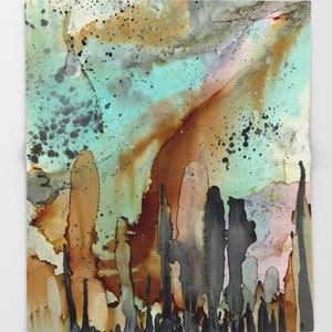 May include: Abstract painting with a teal, brown, and black color scheme. The painting features a series of vertical lines that resemble a forest or a cityscape.