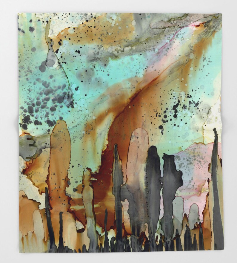 May include: Abstract painting with a teal, brown, and black color scheme. The painting features a series of vertical lines that resemble a forest or a cityscape.