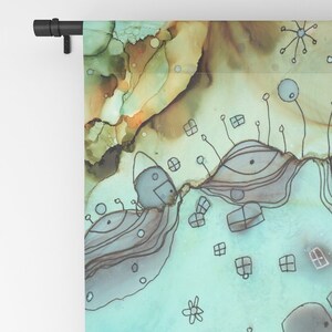 May include: Abstract watercolor painting with a blue, green, and brown color scheme. The painting features a whimsical landscape with houses, flowers, and other abstract shapes.