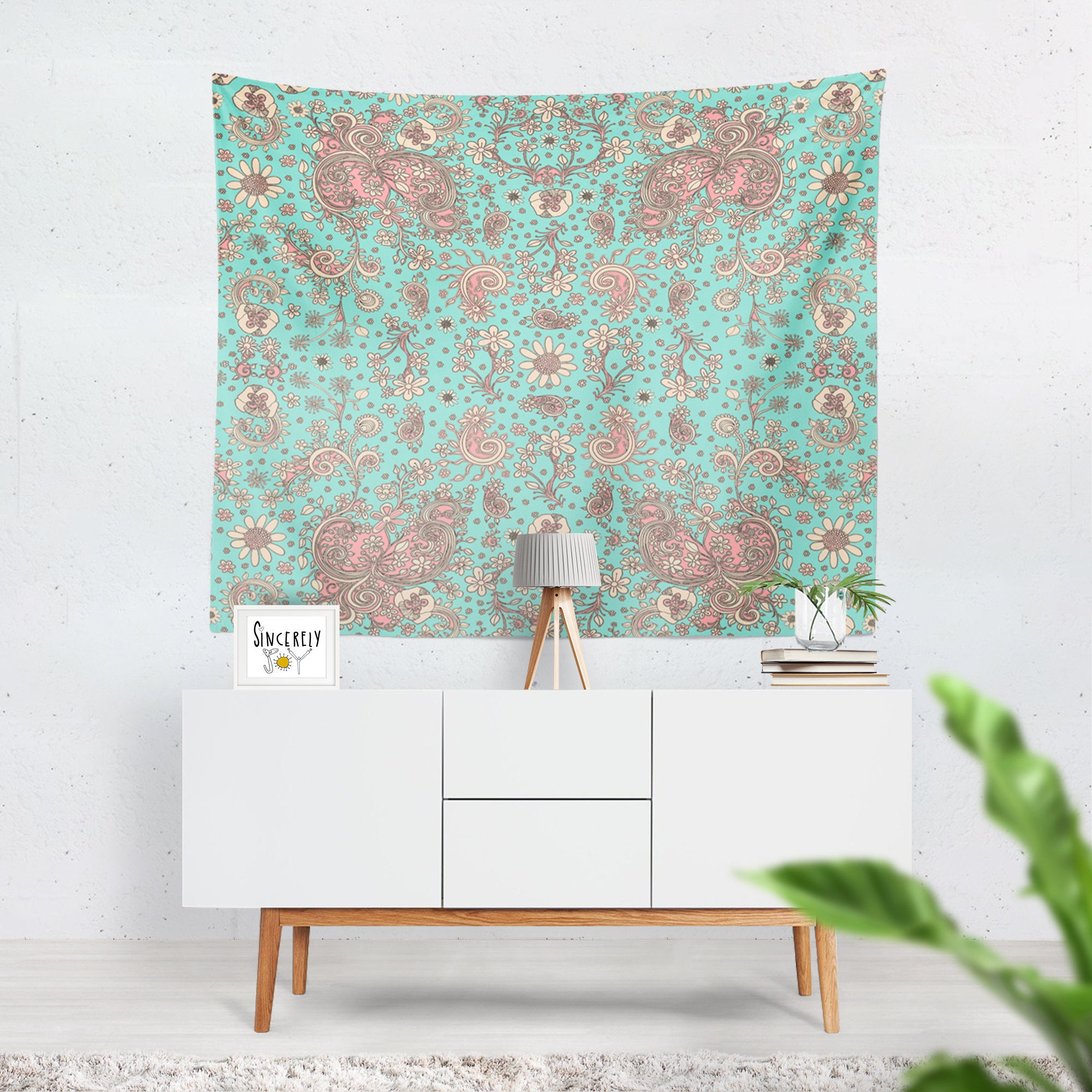 Floral tapestry wall hanging teal bird art tapestries floral Etsy