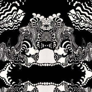 May include: Black and white abstract illustration with intricate patterns and swirling designs. The artwork features a symmetrical design with a central focal point and a variety of shapes and lines.