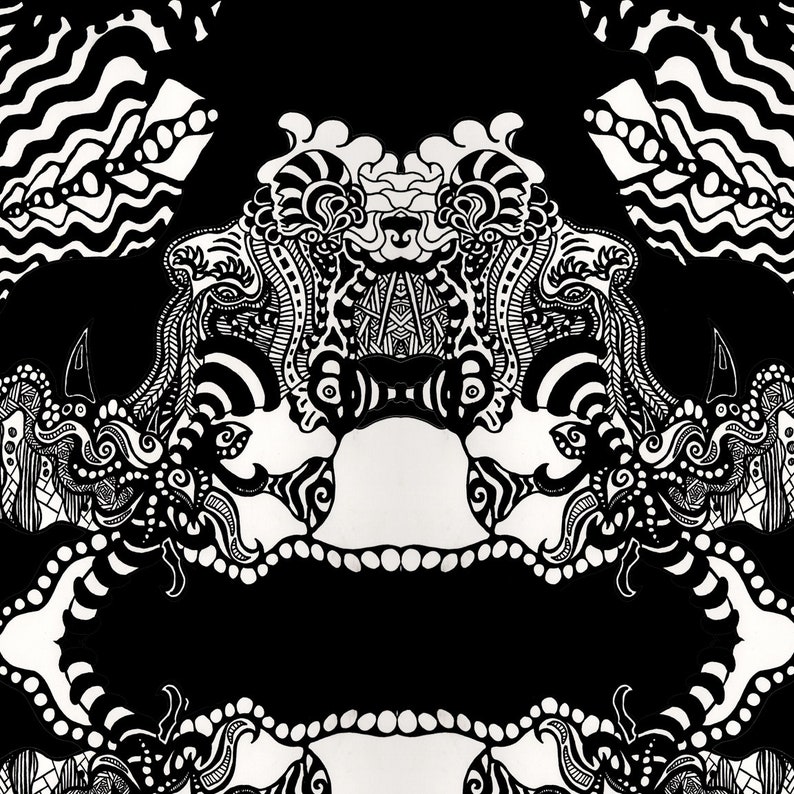 May include: Black and white abstract illustration with intricate patterns and swirling designs. The artwork features a symmetrical design with a central focal point and a variety of shapes and lines.