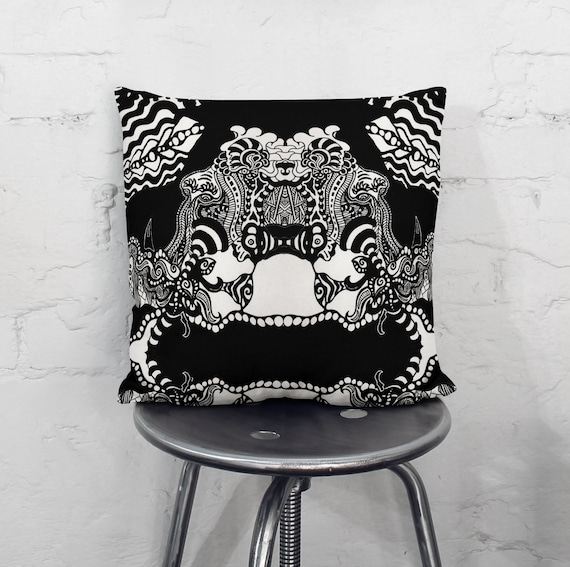 Black White Psychedelic Pillow Outsider Art Pillows Obsessive Original Artwork Unique College Dorm Art Decor Gift Lit Art Designs by KALEB