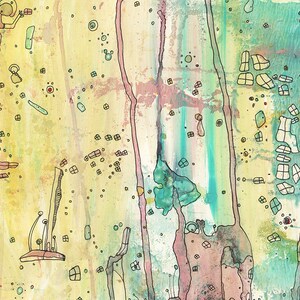 Peut inclure: Peinture abstraite avec un fond jaune et des lavis d'aquarelle bleus, verts et roses. La peinture pr&eacute;sente une vari&eacute;t&eacute; de formes et de lignes, y compris des carr&eacute;s, des cercles et des gribouillis.