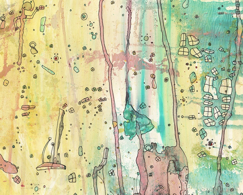 Peut inclure: Peinture abstraite avec un fond jaune et des lavis d'aquarelle bleus, verts et roses. La peinture pr&eacute;sente une vari&eacute;t&eacute; de formes et de lignes, y compris des carr&eacute;s, des cercles et des gribouillis.