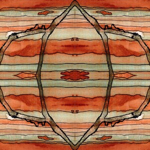 Pode incluir: Pintura abstrata em aquarela com um design geom&eacute;trico em tons de marrom, laranja e verde. O design apresenta uma forma de diamante central com linhas que se cruzam.