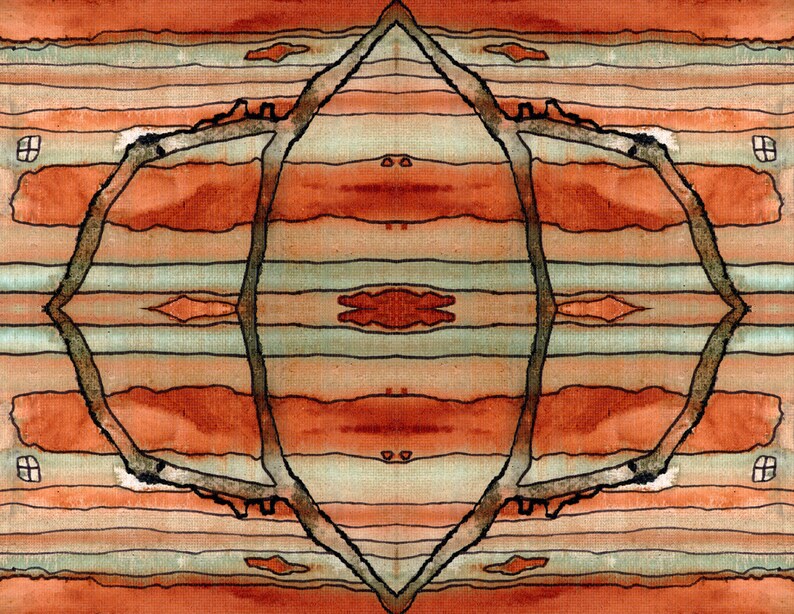 Pode incluir: Pintura abstrata em aquarela com um design geom&eacute;trico em tons de marrom, laranja e verde. O design apresenta uma forma de diamante central com linhas que se cruzam.