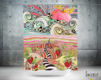 COLORFUL Shower Curtain Ocean Strawberry Fields Artwork Fun Hippy Boho Artwork Artist Designed Painted Bathroom Accessories - Happy Bathroom