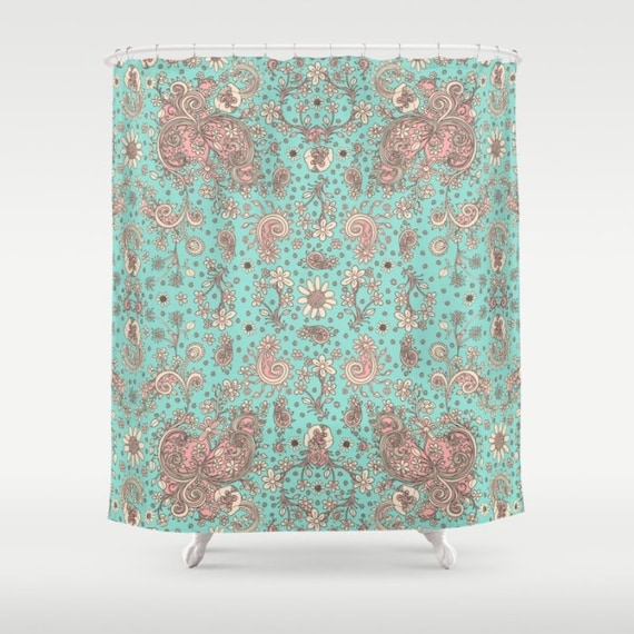 Shower Curtain Teal Pink Floral boho shower curtain shabby chic bathroom accessories floral shower curtain colorful bohemian shower curtain