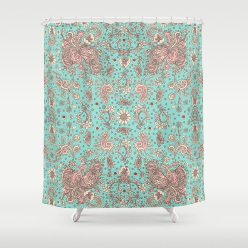 Shower Curtain Teal Pink Floral Boho Shower Curtain Shabby Etsy