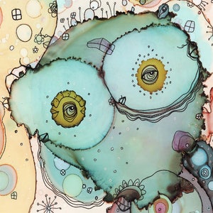 May include: Abstract painting with a teal, blue, and yellow colour scheme. The painting features two large, circular shapes with eyes in the centre. The background is filled with small, white dots and black lines.