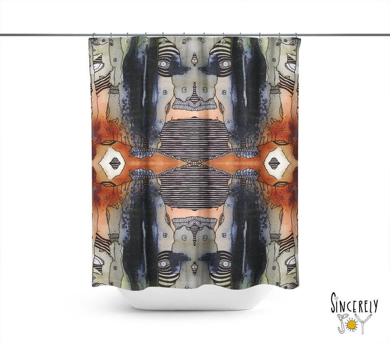 May include: A shower curtain with a colorful abstract design featuring a repeating pattern of faces and geometric shapes. The design is in shades of blue, orange, brown, and white.