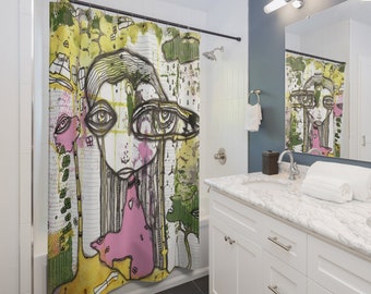 Shower Curtain Whimsical Abstract Girl Art Bathroom Decor Accessories Unique Intuitive Artwork Eclectic Goth Hippie Bath Decor Maximalism