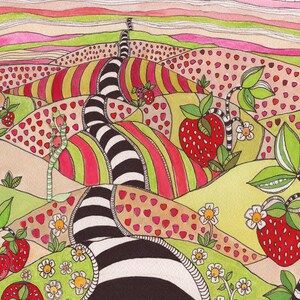 May include: A whimsical illustration of a landscape with rolling hills, a winding black and white path, and strawberry plants with red berries. The hills are decorated with pink, green, and yellow stripes and hearts.
