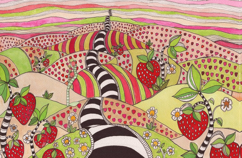 May include: A whimsical illustration of a landscape with rolling hills, a winding black and white path, and strawberry plants with red berries. The hills are decorated with pink, green, and yellow stripes and hearts.