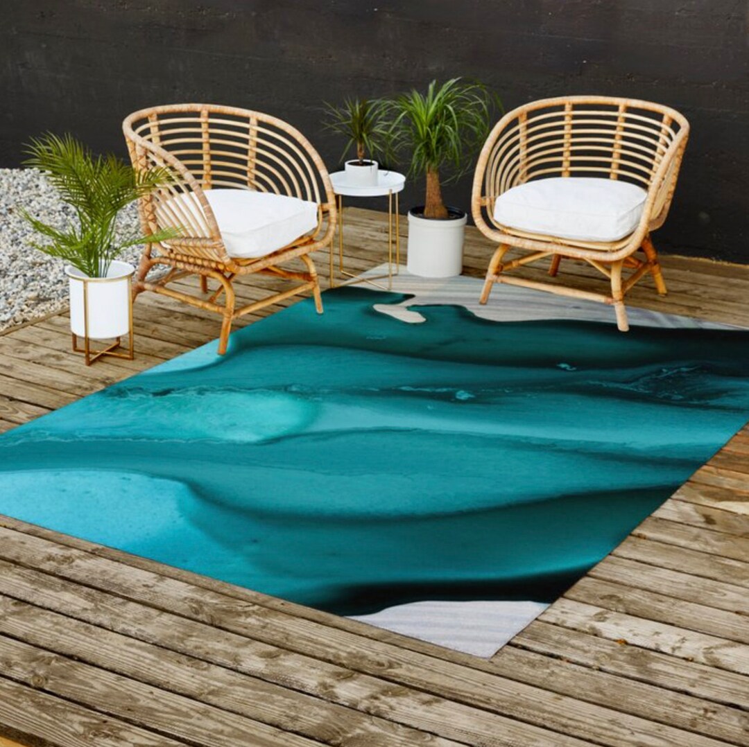 OUTDOOR Rugs Blue Abstract Watercolor Art Rug Artist Area Rug Pretty Contemporary PATIO Decor
