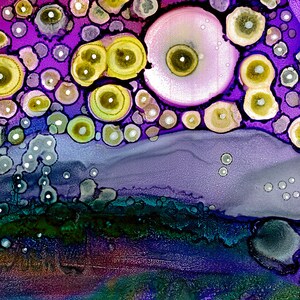 May include: Abstract art painting with a purple background and a variety of colorful circles and dots. The circles are in shades of yellow, green, white, and pink. The painting has a layered effect, with the circles appearing to be on top of each other.
