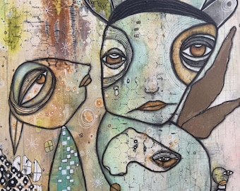 Original Collage Artwork Mixed Media Painting "Whispers" Bird Creature Art | Intuitive Artist Abstract Outsider Visionary Canvas Wall Art