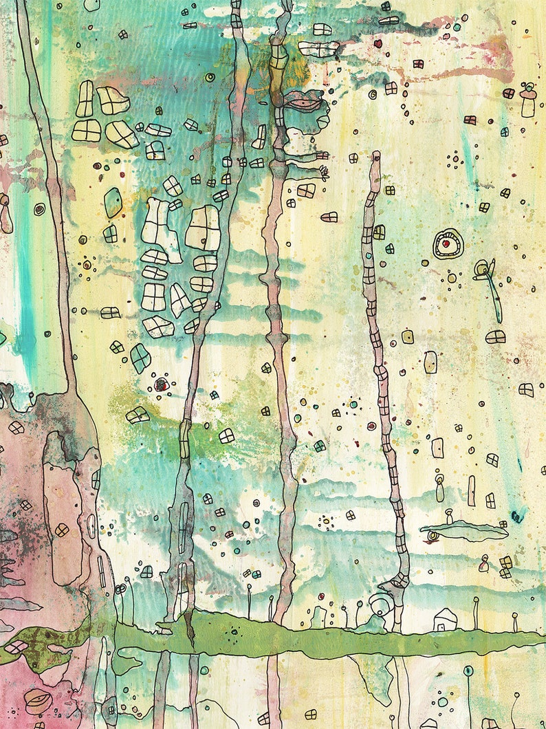 Peut inclure: Peinture abstraite sur fond color&eacute; de vert, bleu, jaune et rose. La peinture pr&eacute;sente une s&eacute;rie de lignes verticales et de formes, avec une vari&eacute;t&eacute; de petits carr&eacute;s et de cercles.
