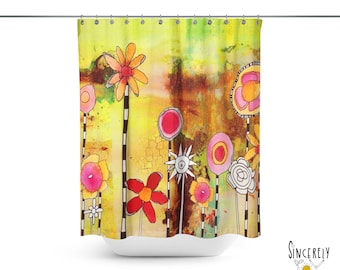 COLORFUL BOHEMIAN shower curtain art Fun flowers hippy boho artwork artist made bathroom accessories happy floral bath artwork on curtains