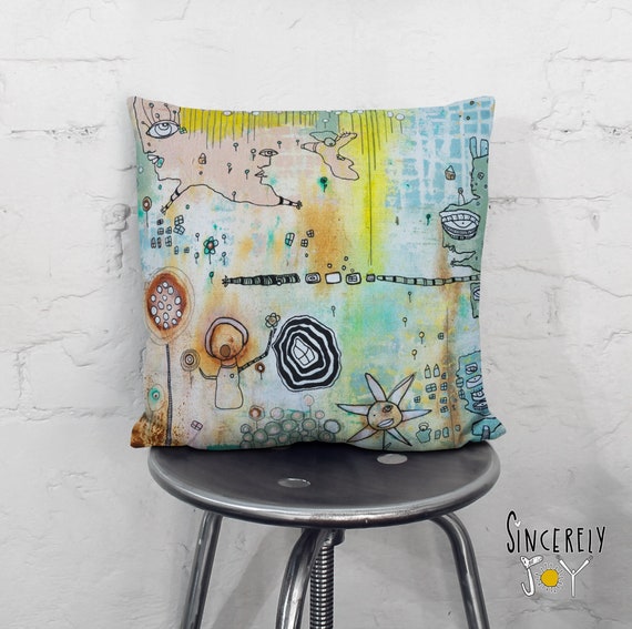 Whimsical Artwork on Pillow Abstract Faces Intuitive Art Painting
