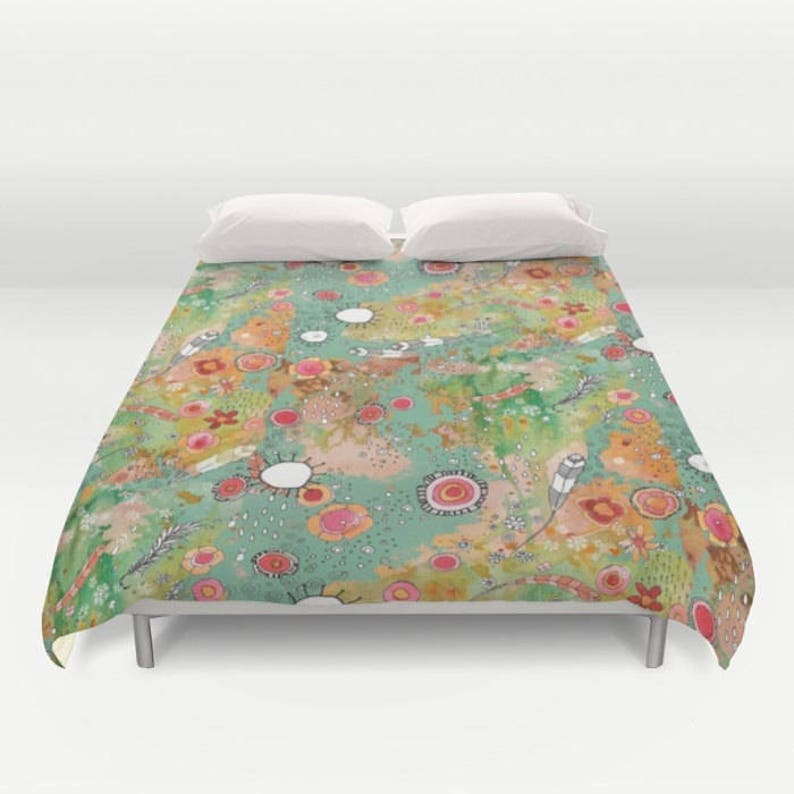 Feathers Duvet Cover Green Boho Duvet Cover Art Funky Duvet Etsy