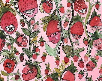 May include: A pink background with a repeating pattern of red strawberries with black outlines and whimsical faces. The strawberries have black seeds and white eyes. The background is a light pink.
