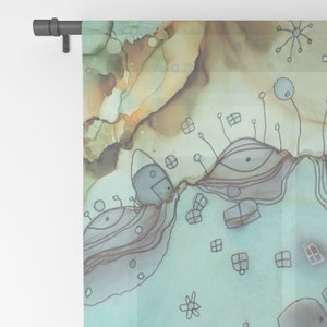 May include: Abstract watercolor painting with a light blue background and brown lines. The painting features a whimsical design of houses, eyes, and flowers.
