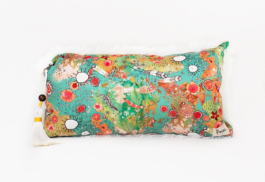 Colorful Bohemian Lumbar Pillow Feathers Flowers Floral Art Lumbar Throw Pillows Shag Pillow
