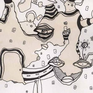 May include: Black and white abstract drawing with multiple eyes and swirling lines. The drawing is on a beige background.