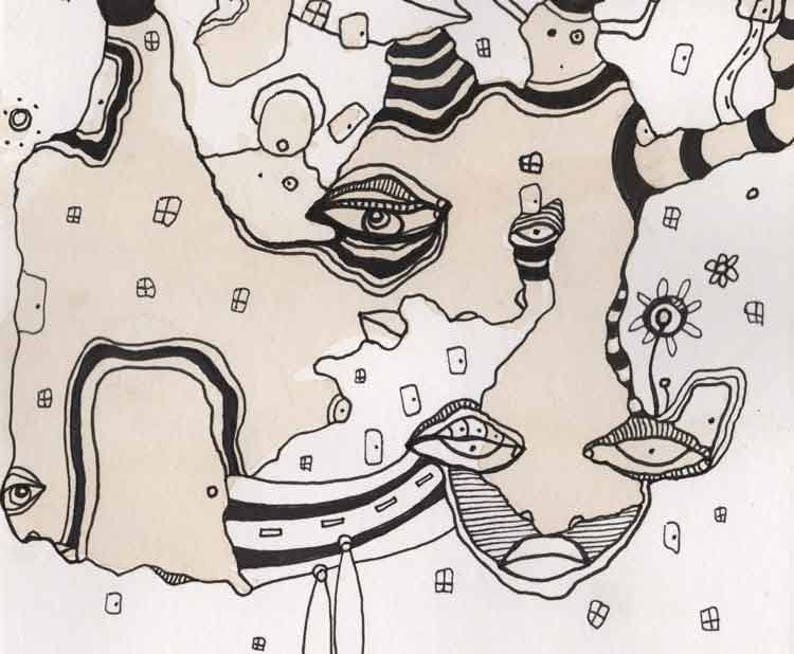 May include: Black and white abstract drawing with multiple eyes and swirling lines. The drawing is on a beige background.