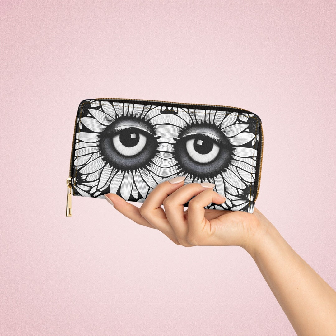 Zipper Wallet Unique Unusual Gothic Black and White Big Eyes Floral ...