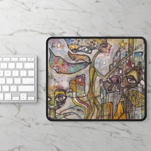 May include: Mousepad with an abstract art design featuring figures, buildings, and a star. The artwork uses a palette of yellow, green, blue, and brown. The mousepad has a black border and is rectangular.