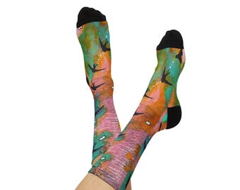 Colorful Socks with Black Birds | Long Crew Socks, Original Wearable Painted Artist Sock Designer Artwork