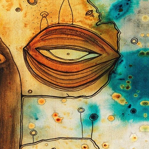 Peut inclure: Peinture abstraite &agrave; l'aquarelle avec une grande forme orange en forme d'&oelig;il au centre. L'arri&egrave;re-plan est un m&eacute;lange de lavis d'aquarelle jaune, bleu et vert avec de petites formes circulaires.