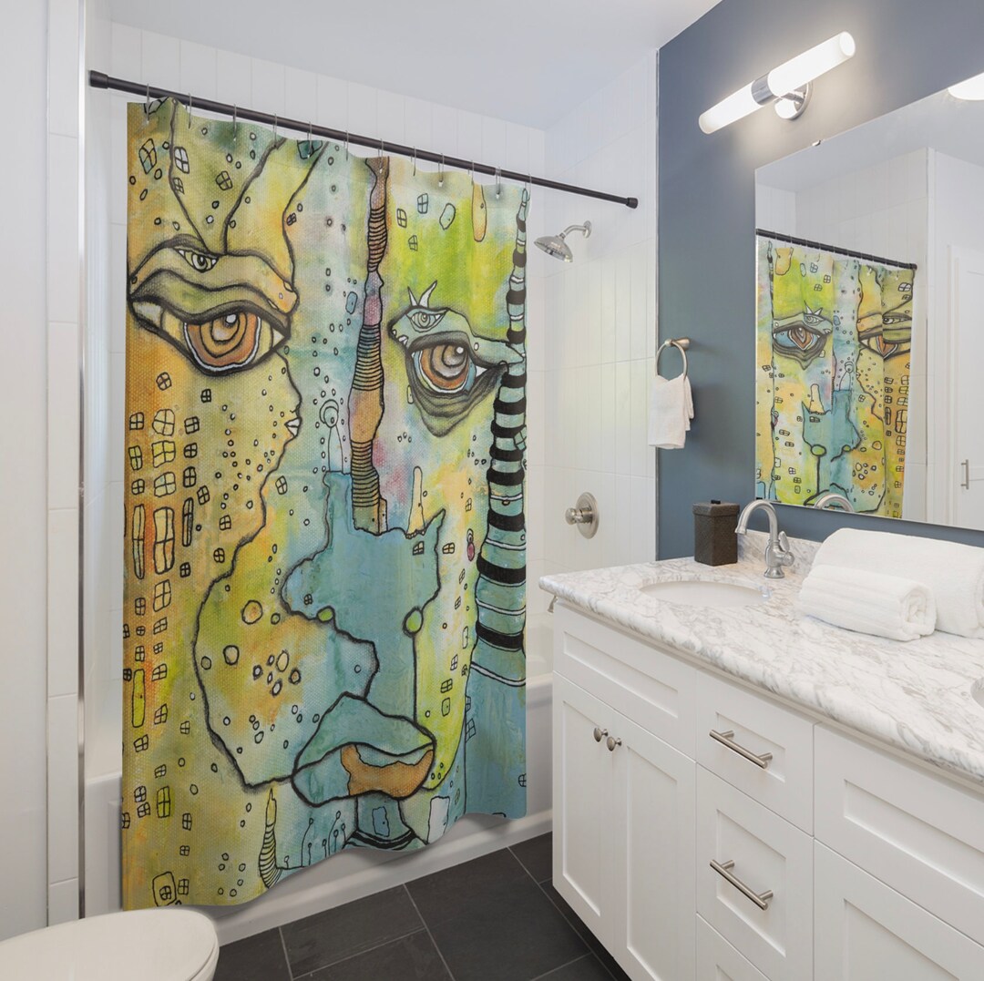 Fun WHIMSICAL Shower Curtain Big Eyes Face Original Abstract Etsy