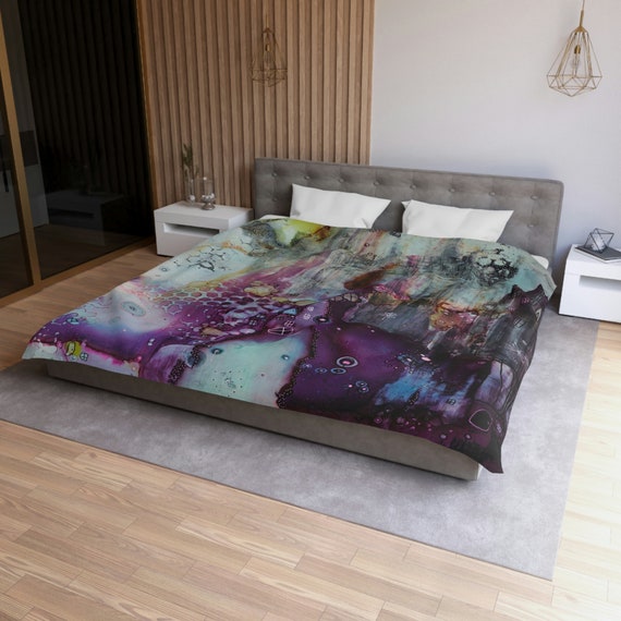 Einzigartiger Bettbezug Ungewöhnliche Skurril Eklektische Seltsame Schlafzimmer Dekor Accessoires Lila Bettdecken Spaß Bunte Schlafsäle Kunst Kunstwerk Bettdecken