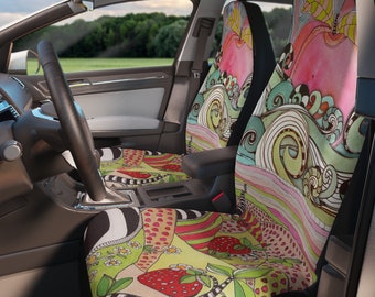 Colorful Hippie Car Seat Covers Ocean Waves Strawberries Artwork Car SUV Vehicle Seat Covers Fun Unique Hippy Vibes Boho Art Car Accessories