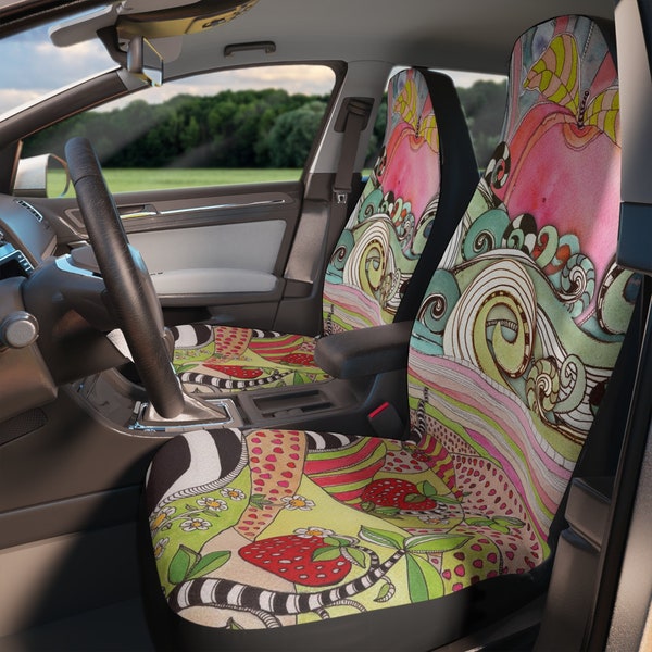 Colorful Hippie Car Seat Covers Ocean Waves Strawberries Artwork Car SUV Vehicle Seat Covers Fun Unique Hippy Vibes Boho Art Car Accessories