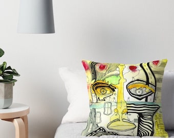 May include: Abstract watercolor painting of a face with yellow, green, and red accents. The face is made up of different shapes and lines, creating a unique and interesting design.