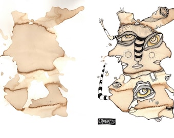 Pobierz stronę z rysunkami PLUS ukończone dzieło sztuki - Kawa poplamiona strona do druku Kolorowanka dla dorosłych / dzieci z użyciem tuszy - Intuicyjna sztuka Pareidolia