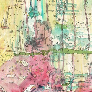 Peut inclure: Une peinture &agrave; l'aquarelle abstraite au style fantaisiste et onirique. L'&oelig;uvre pr&eacute;sente une vari&eacute;t&eacute; de formes, de lignes et de couleurs, notamment le rose, le vert, le bleu et le jaune. La peinture est pleine de d&eacute;tails et de textures, et elle &eacute;voque un sentiment d'&eacute;merveillement et d'imagination.