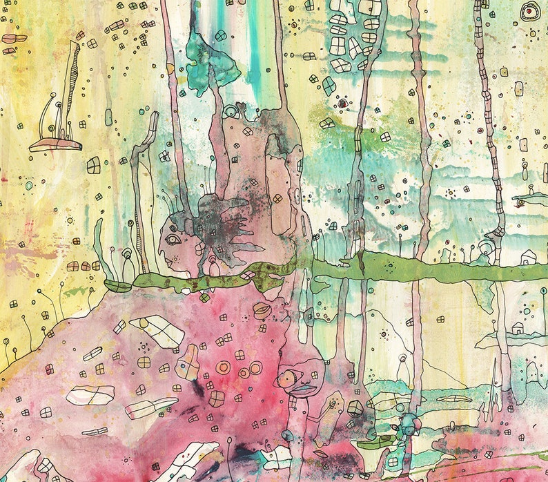 Peut inclure: Une peinture &agrave; l'aquarelle abstraite au style fantaisiste et onirique. L'&oelig;uvre pr&eacute;sente une vari&eacute;t&eacute; de formes, de lignes et de couleurs, notamment le rose, le vert, le bleu et le jaune. La peinture est pleine de d&eacute;tails et de textures, et elle &eacute;voque un sentiment d'&eacute;merveillement et d'imagination.