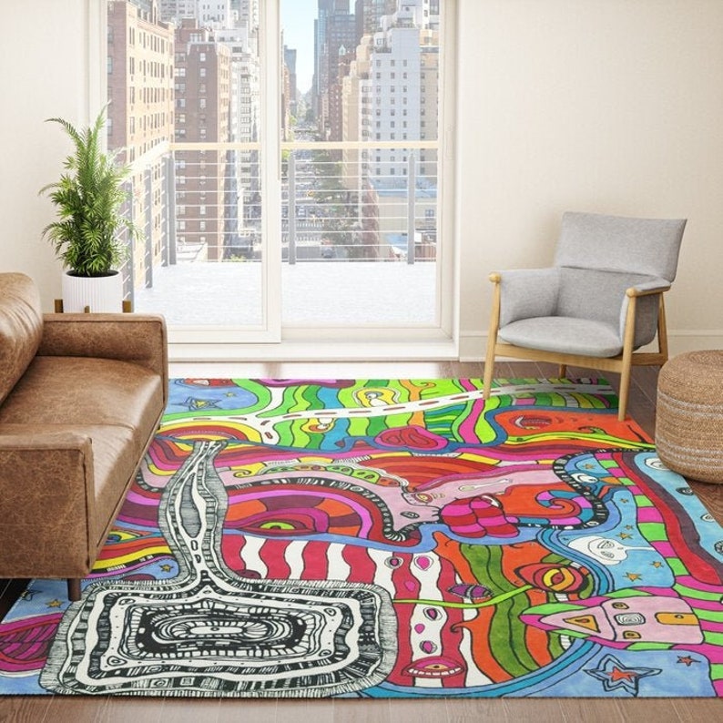 Area Rug Psychedelic Trippy Carpets Colorful Fun Eclectic Outsider Art Abstract Throw Rug Unique Maximalist Funky Fun Weird Floor Dorm Decor image 1